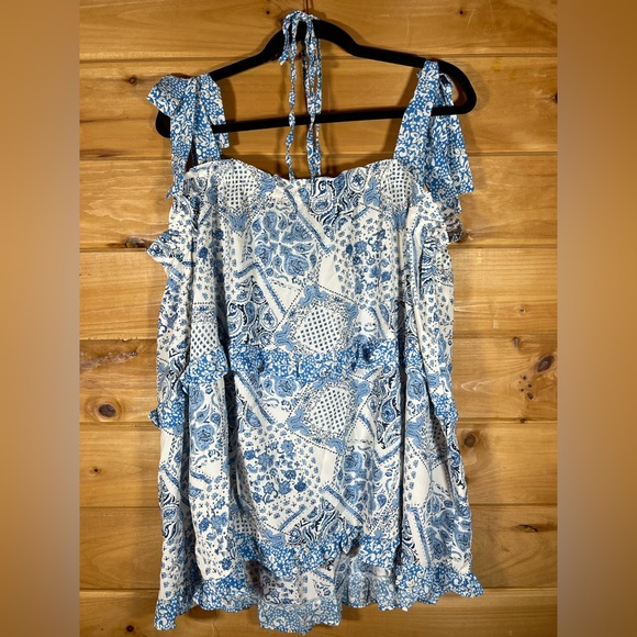 DAVI AND DANI SLEEVELESS RUFFLE TANK WHITE BLUE FLOWERS PAISLEY 3XL - Picture 2 of 5